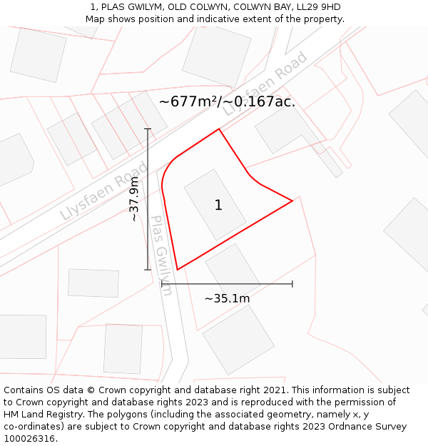 1, PLAS GWILYM, OLD COLWYN, COLWYN BAY, LL29 9HD: Plot and title map