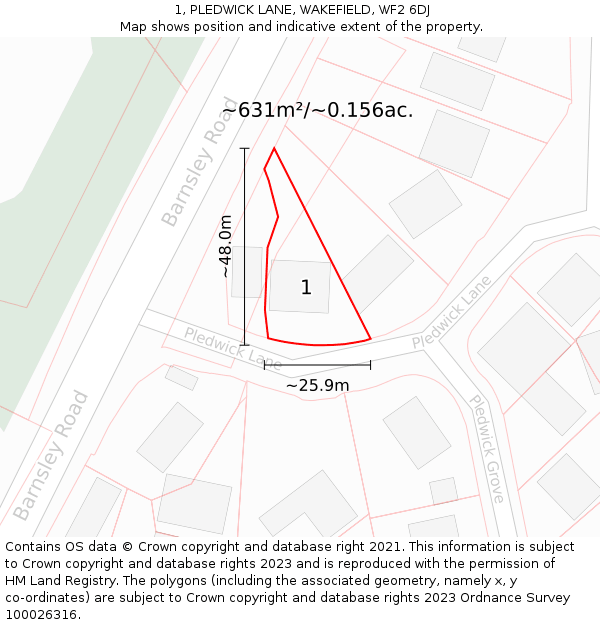 1, PLEDWICK LANE, WAKEFIELD, WF2 6DJ: Plot and title map