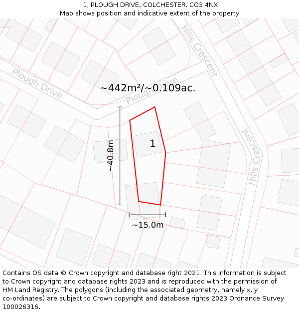 1, PLOUGH DRIVE, COLCHESTER, CO3 4NX: Plot and title map