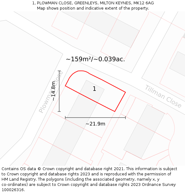 1, PLOWMAN CLOSE, GREENLEYS, MILTON KEYNES, MK12 6AG: Plot and title map