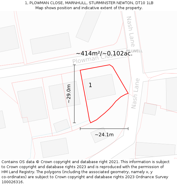 1, PLOWMAN CLOSE, MARNHULL, STURMINSTER NEWTON, DT10 1LB: Plot and title map