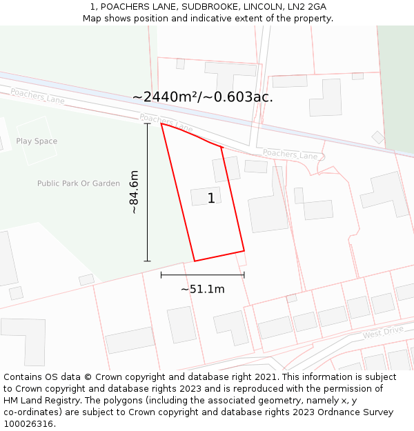 1, POACHERS LANE, SUDBROOKE, LINCOLN, LN2 2GA: Plot and title map