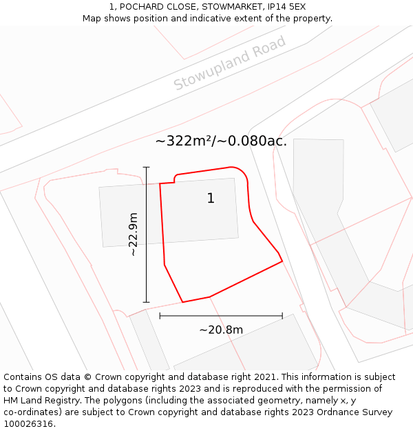 1, POCHARD CLOSE, STOWMARKET, IP14 5EX: Plot and title map