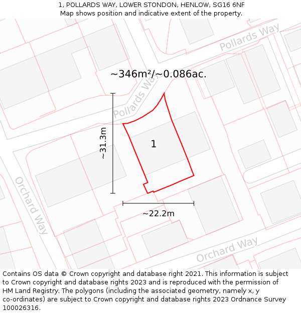 1, POLLARDS WAY, LOWER STONDON, HENLOW, SG16 6NF: Plot and title map