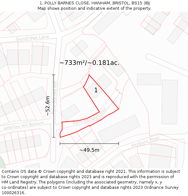 1, POLLY BARNES CLOSE, HANHAM, BRISTOL, BS15 3BJ: Plot and title map