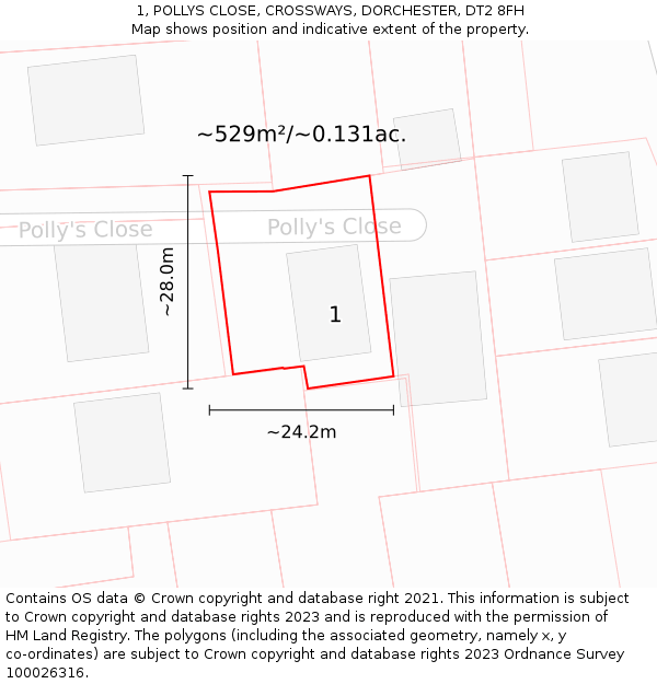 1, POLLYS CLOSE, CROSSWAYS, DORCHESTER, DT2 8FH: Plot and title map