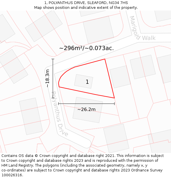 1, POLYANTHUS DRIVE, SLEAFORD, NG34 7HS: Plot and title map