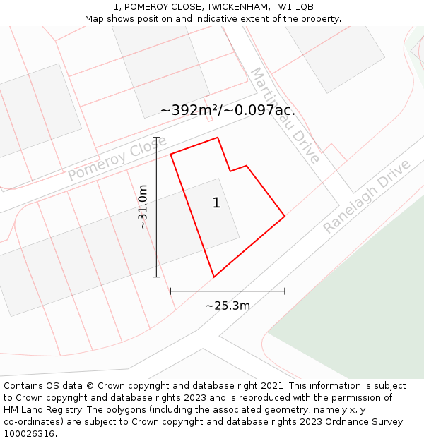 1, POMEROY CLOSE, TWICKENHAM, TW1 1QB: Plot and title map