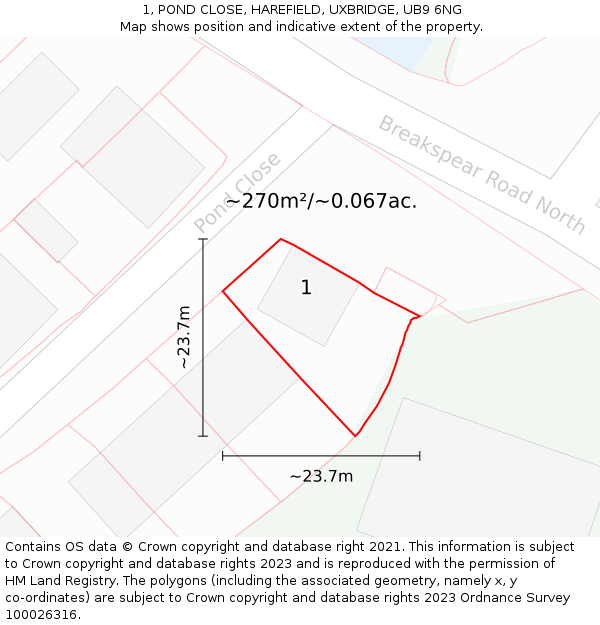 1, POND CLOSE, HAREFIELD, UXBRIDGE, UB9 6NG: Plot and title map