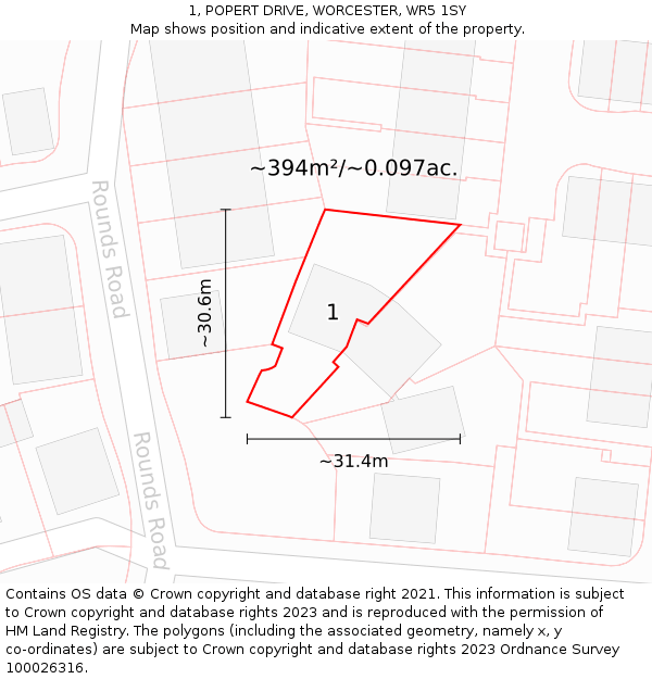 1, POPERT DRIVE, WORCESTER, WR5 1SY: Plot and title map