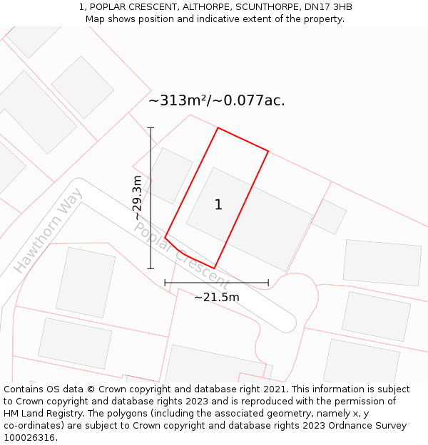 1, POPLAR CRESCENT, ALTHORPE, SCUNTHORPE, DN17 3HB: Plot and title map