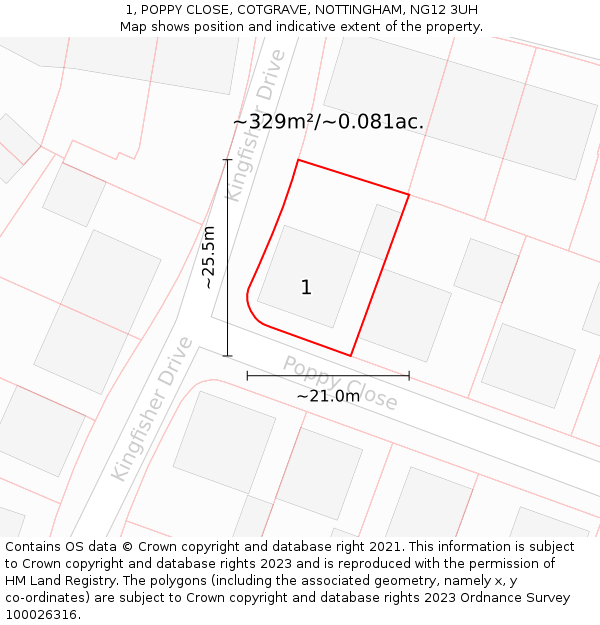 1, POPPY CLOSE, COTGRAVE, NOTTINGHAM, NG12 3UH: Plot and title map