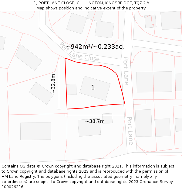 1, PORT LANE CLOSE, CHILLINGTON, KINGSBRIDGE, TQ7 2JA: Plot and title map