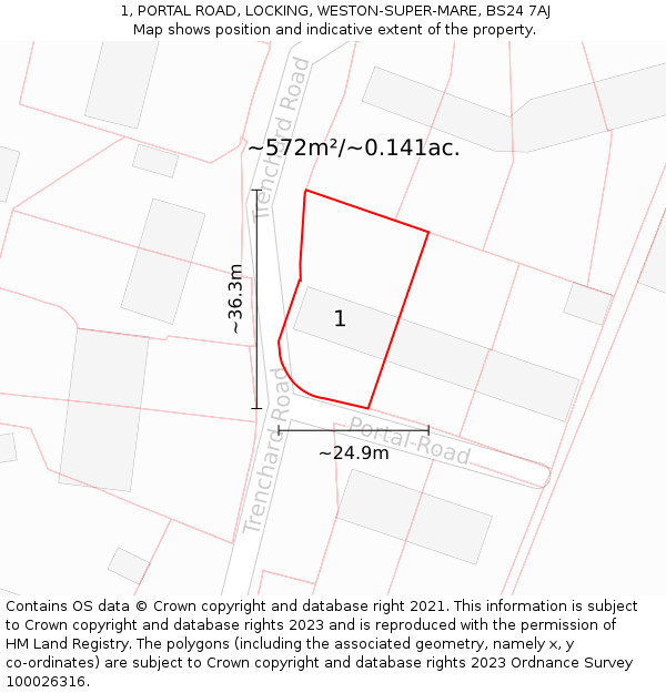 1, PORTAL ROAD, LOCKING, WESTON-SUPER-MARE, BS24 7AJ: Plot and title map