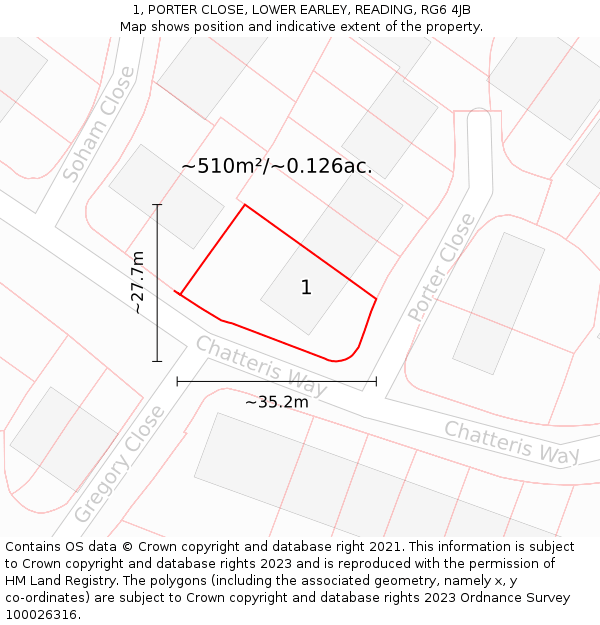 1, PORTER CLOSE, LOWER EARLEY, READING, RG6 4JB: Plot and title map