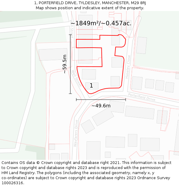 1, PORTERFIELD DRIVE, TYLDESLEY, MANCHESTER, M29 8RJ: Plot and title map