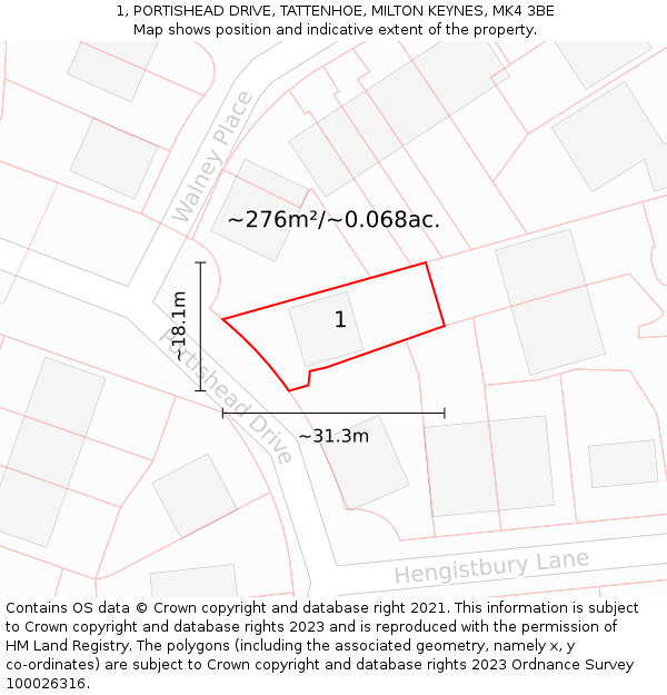 1, PORTISHEAD DRIVE, TATTENHOE, MILTON KEYNES, MK4 3BE: Plot and title map