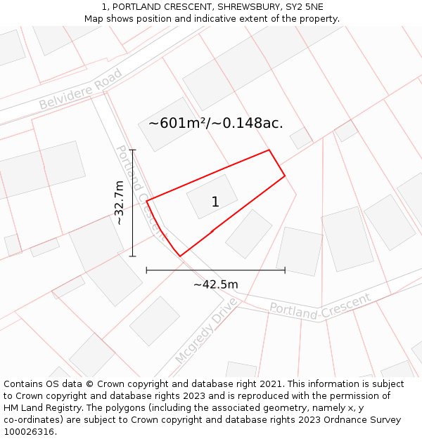 1, PORTLAND CRESCENT, SHREWSBURY, SY2 5NE: Plot and title map