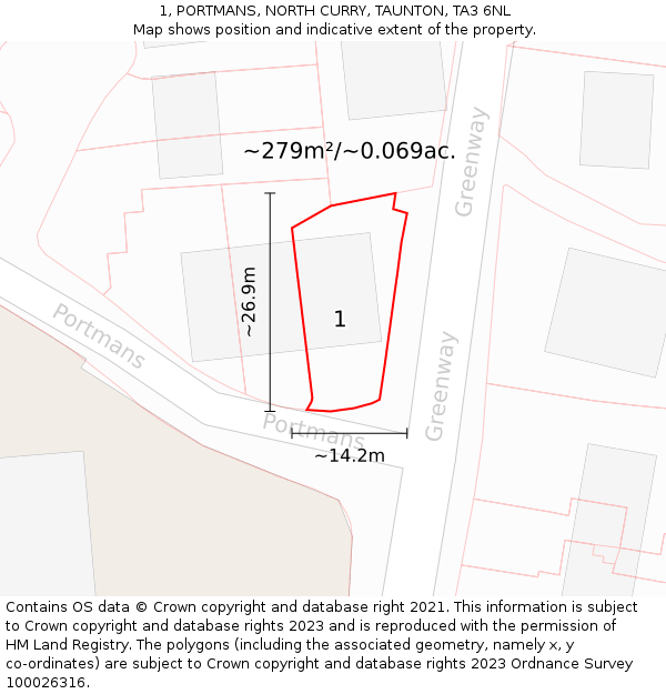 1, PORTMANS, NORTH CURRY, TAUNTON, TA3 6NL: Plot and title map