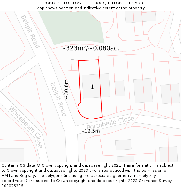 1, PORTOBELLO CLOSE, THE ROCK, TELFORD, TF3 5DB: Plot and title map