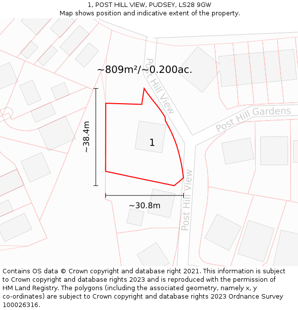 1, POST HILL VIEW, PUDSEY, LS28 9GW: Plot and title map