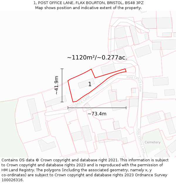 1, POST OFFICE LANE, FLAX BOURTON, BRISTOL, BS48 3PZ: Plot and title map