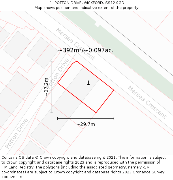 1, POTTON DRIVE, WICKFORD, SS12 9GD: Plot and title map