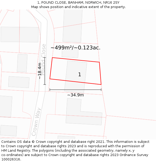 1, POUND CLOSE, BANHAM, NORWICH, NR16 2SY: Plot and title map