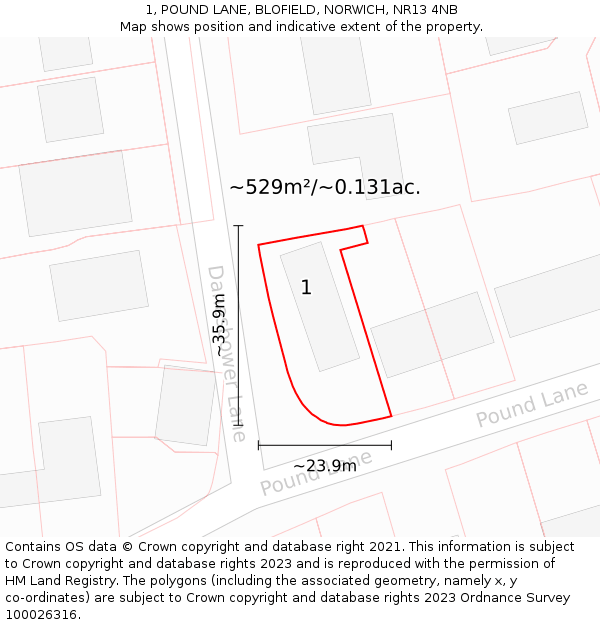 1, POUND LANE, BLOFIELD, NORWICH, NR13 4NB: Plot and title map