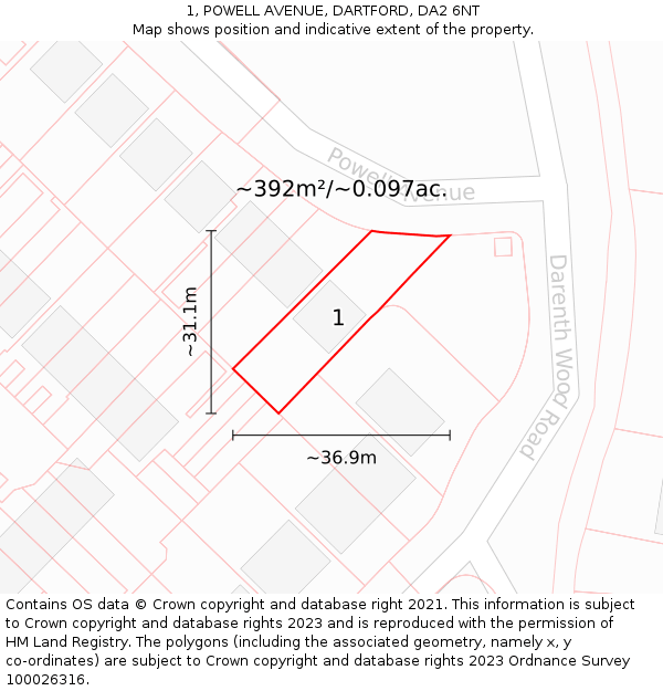 1, POWELL AVENUE, DARTFORD, DA2 6NT: Plot and title map