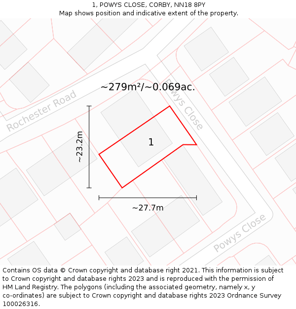 1, POWYS CLOSE, CORBY, NN18 8PY: Plot and title map