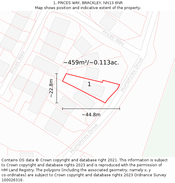 1, PRICES WAY, BRACKLEY, NN13 6NR: Plot and title map