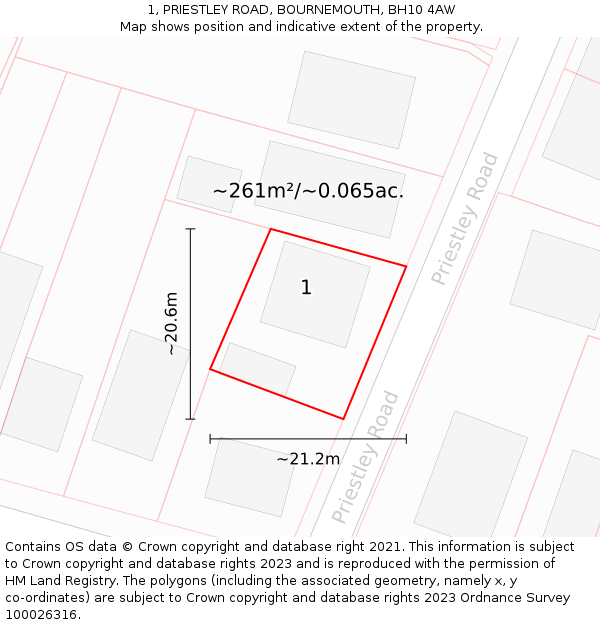 1, PRIESTLEY ROAD, BOURNEMOUTH, BH10 4AW: Plot and title map