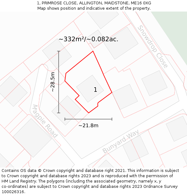 1, PRIMROSE CLOSE, ALLINGTON, MAIDSTONE, ME16 0XG: Plot and title map