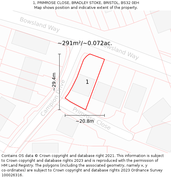 1, PRIMROSE CLOSE, BRADLEY STOKE, BRISTOL, BS32 0EH: Plot and title map