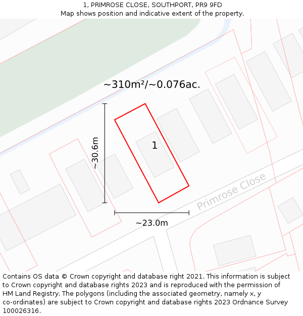 1, PRIMROSE CLOSE, SOUTHPORT, PR9 9FD: Plot and title map