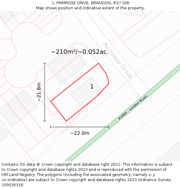 1, PRIMROSE DRIVE, BRANDON, IP27 0XE: Plot and title map