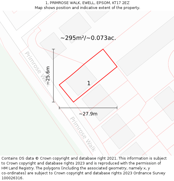 1, PRIMROSE WALK, EWELL, EPSOM, KT17 2EZ: Plot and title map