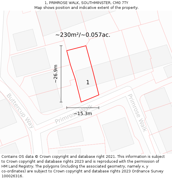 1, PRIMROSE WALK, SOUTHMINSTER, CM0 7TY: Plot and title map