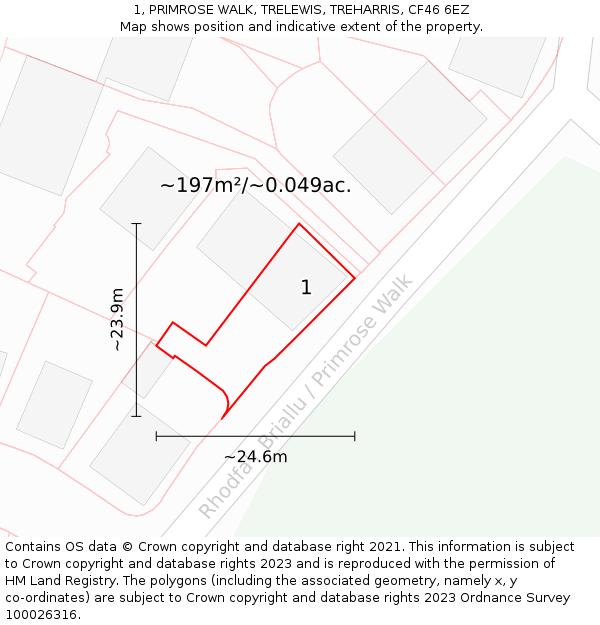 1, PRIMROSE WALK, TRELEWIS, TREHARRIS, CF46 6EZ: Plot and title map