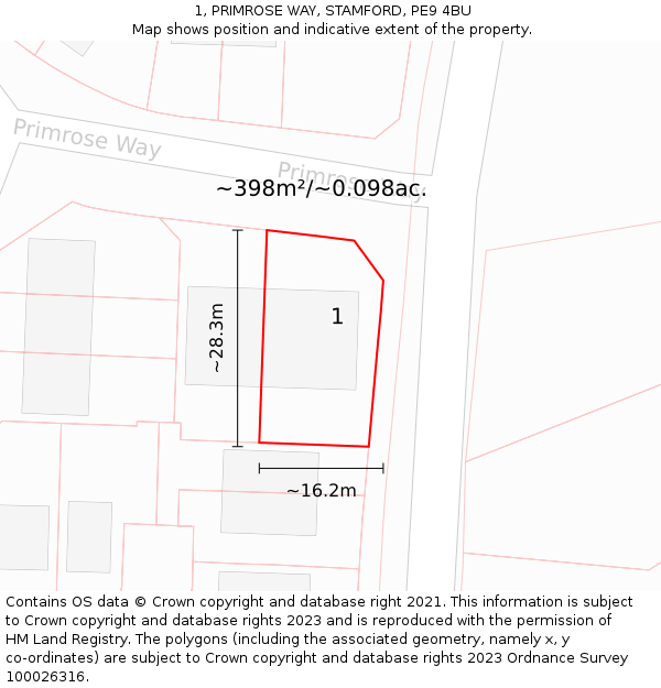 1, PRIMROSE WAY, STAMFORD, PE9 4BU: Plot and title map