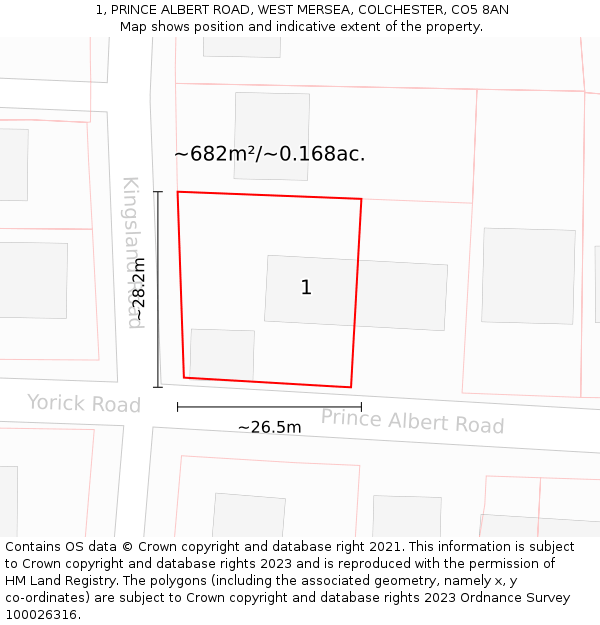 1, PRINCE ALBERT ROAD, WEST MERSEA, COLCHESTER, CO5 8AN: Plot and title map