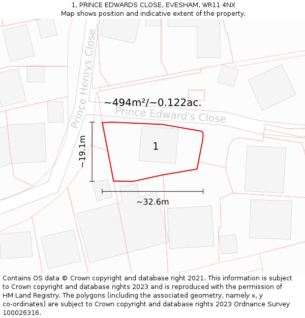 1, PRINCE EDWARDS CLOSE, EVESHAM, WR11 4NX: Plot and title map