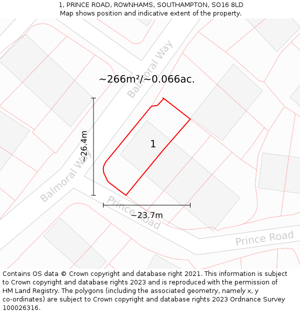 1, PRINCE ROAD, ROWNHAMS, SOUTHAMPTON, SO16 8LD: Plot and title map