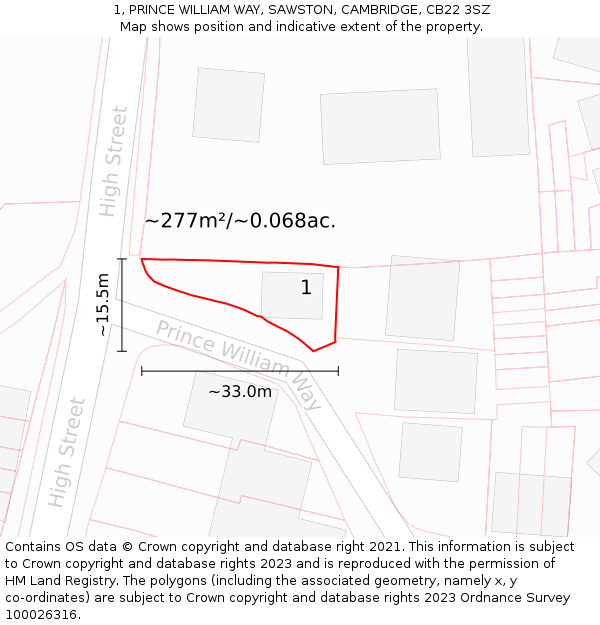 1, PRINCE WILLIAM WAY, SAWSTON, CAMBRIDGE, CB22 3SZ: Plot and title map