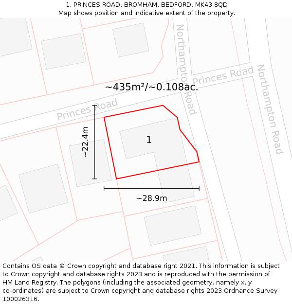 1, PRINCES ROAD, BROMHAM, BEDFORD, MK43 8QD: Plot and title map