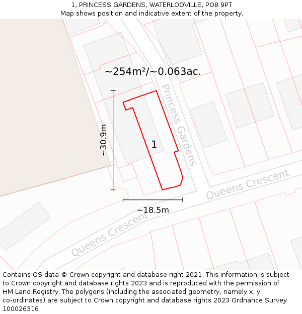 1, PRINCESS GARDENS, WATERLOOVILLE, PO8 9PT: Plot and title map