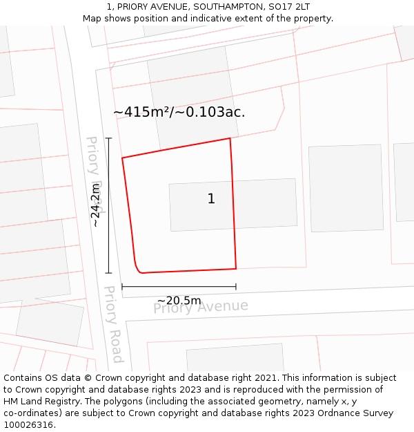 1, PRIORY AVENUE, SOUTHAMPTON, SO17 2LT: Plot and title map