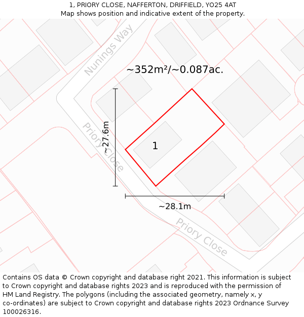 1, PRIORY CLOSE, NAFFERTON, DRIFFIELD, YO25 4AT: Plot and title map