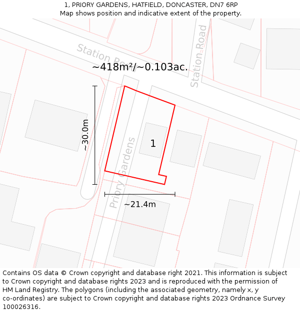 1, PRIORY GARDENS, HATFIELD, DONCASTER, DN7 6RP: Plot and title map